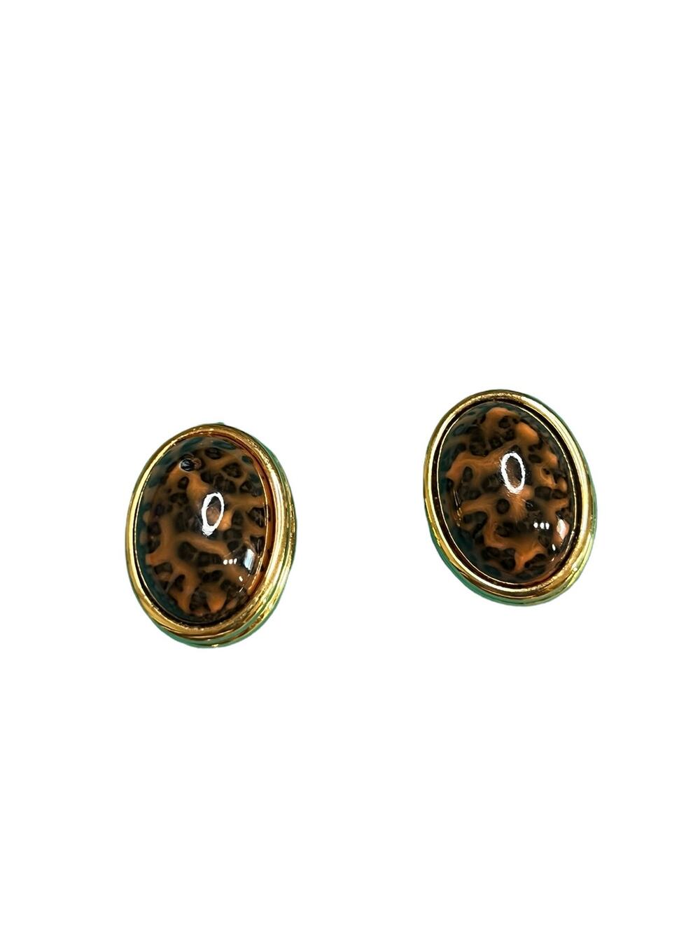 Joan Rivers Vintage Leopard Print Oval Cabochon Clip On Earrings Gold Tone